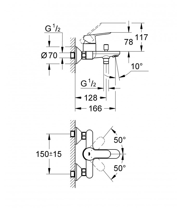 Compra online Grohe BauEdge - Misturador para duche e banheira com sistema de montagem em parede e desviador automático (23334000) en oferta al mejor precio