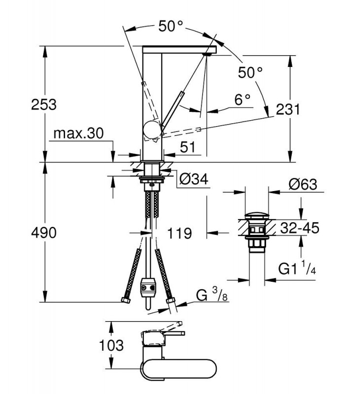 Compra online Misturador de lavatório liso Grohe PLUS 1/2" com conjunto de válvula de descarga push-open Tamanho - L bica extraível (23844003) en oferta al mejor precio