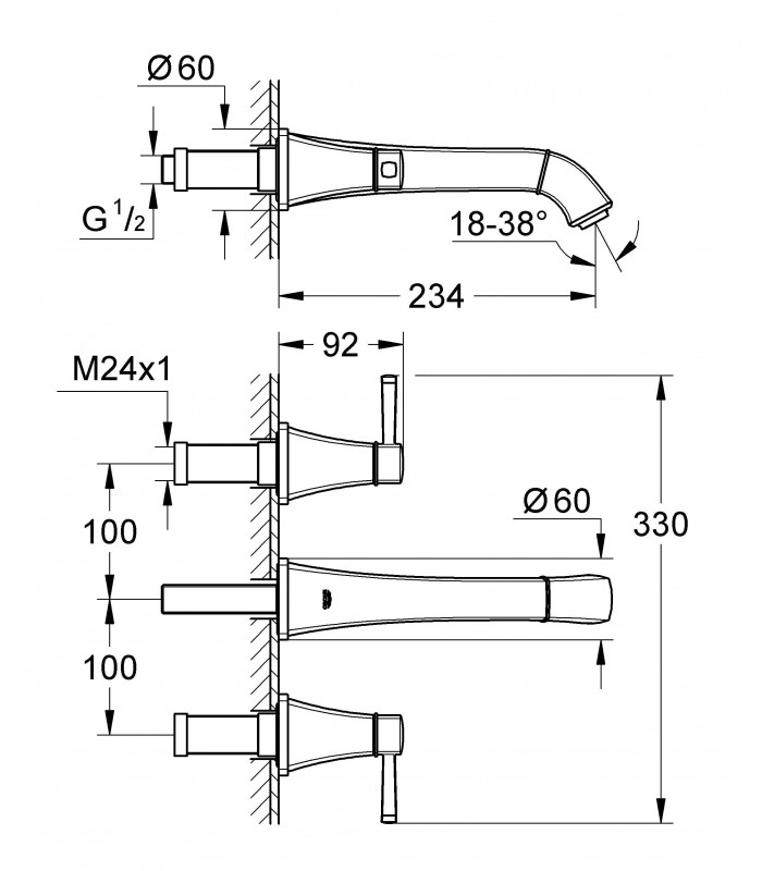 Compra online Torneira de banheiro Grohe Grandera com bica de pia de parede 234 mm M en oferta al mejor precio
